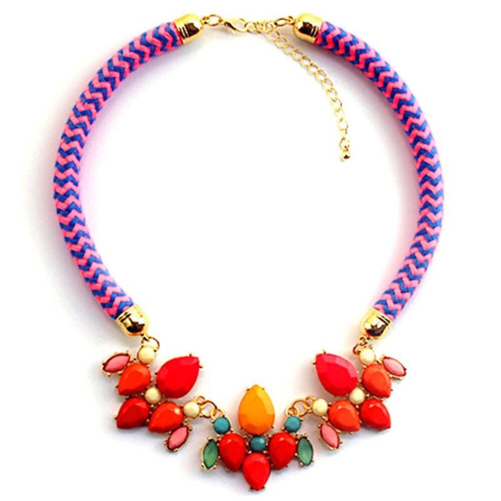 Costume Fashion Jewelry Chunky Multicolored Pieces Pink & Blue Fabric Chain